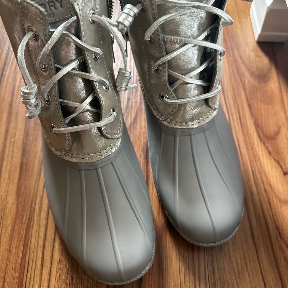 Gray and Silver Lace-Up Boots